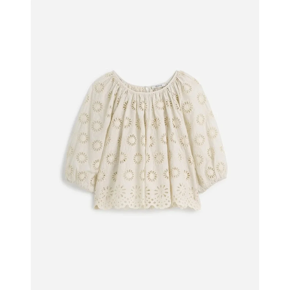 Madewell Embroidered Shirred Puff-Sleeve Top‎ Floral Eyelet XXS NWT